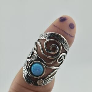 Israel 925 Sterling Silver Ring Size 8 Blue Opal Wide Band Abstract